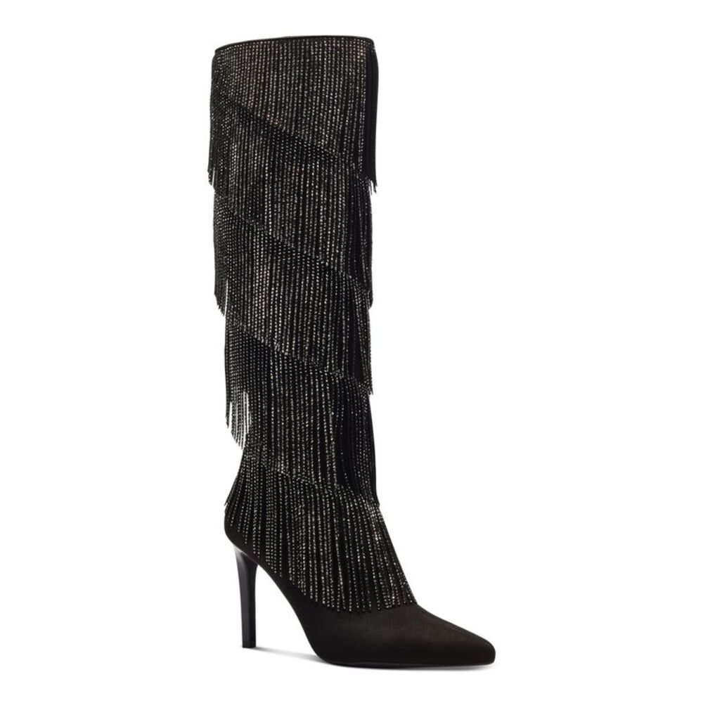 INC Womens Black Embellished Fringed Shyn Pointed Toe Stiletto Zip-Up Boots 5 M
